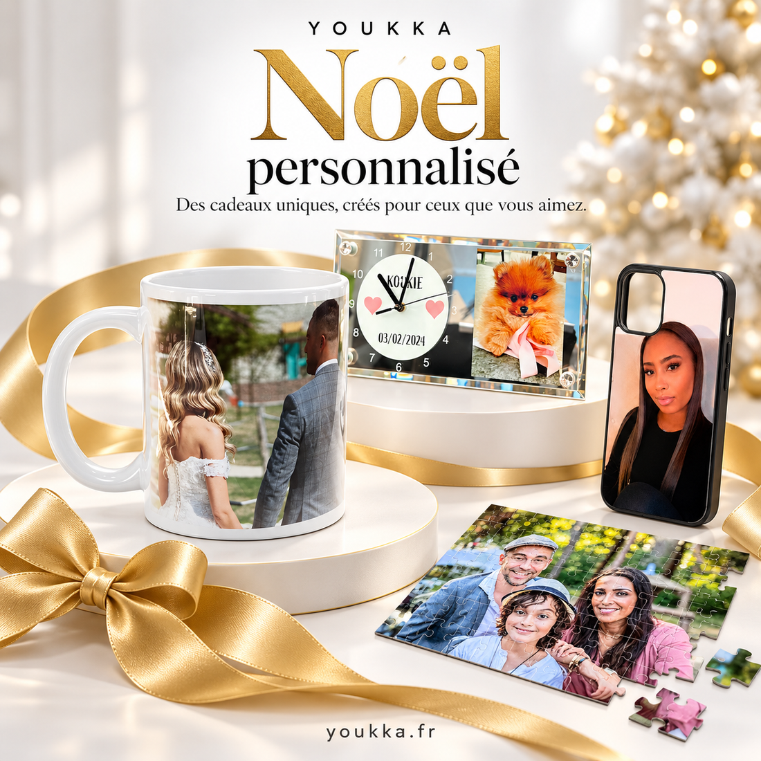 Idées cadeaux de Noël personnalisés Youkka : mug photo, horloge photo, coque iPhone et puzzle photo