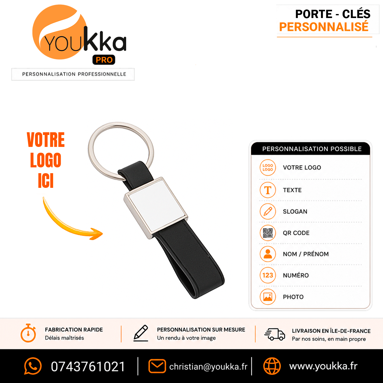 Porte-clé métal personnalisé avec attache simili cuir